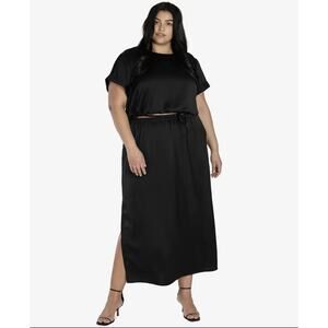 NWT Bar III Nicole Williams English Satin Maxi Skirt Pull On Black Plus Size 3X